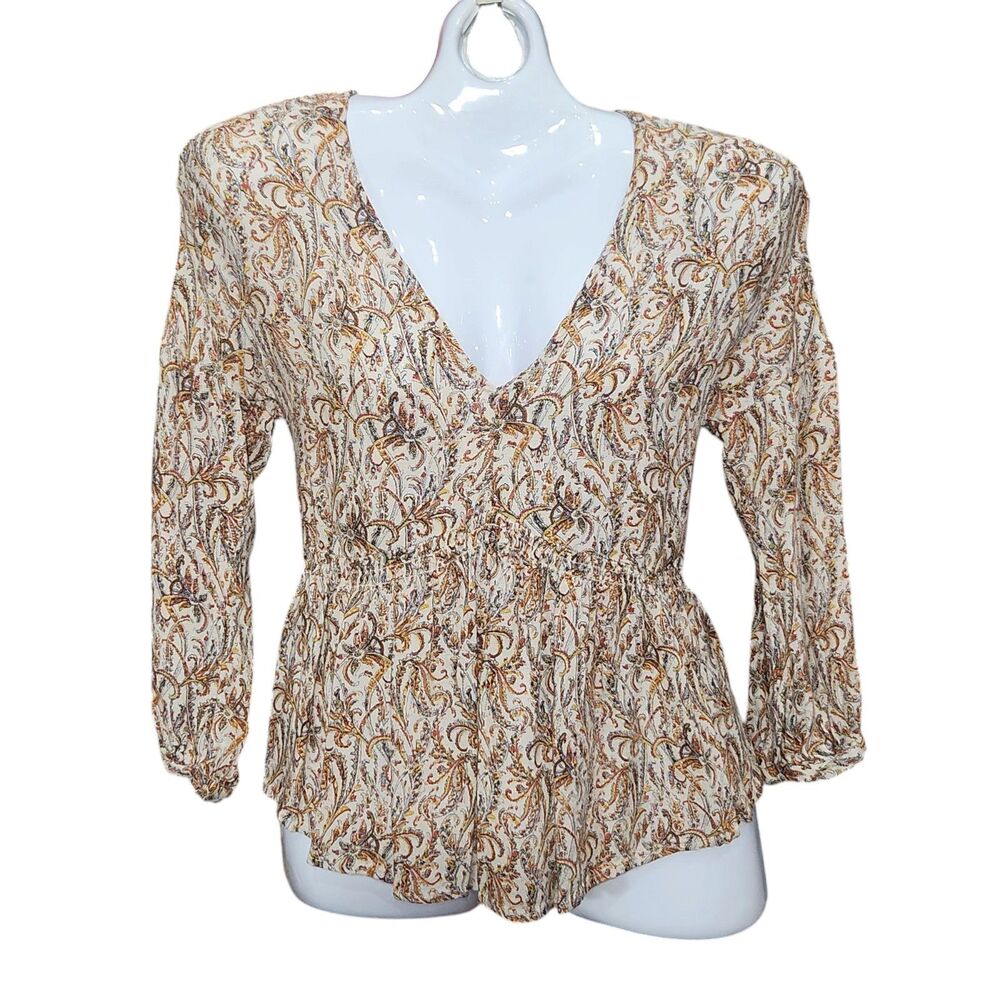 Lucky Brand Boho Peplum Blouse S Long Sleeve V-Neck Paisley Earth Tone Peasant